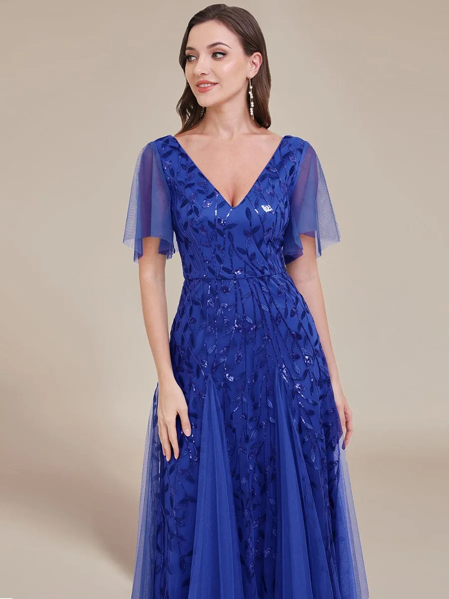 Ruffle Sleeves Leaf Sequin Maxi Bridesmaid Dress