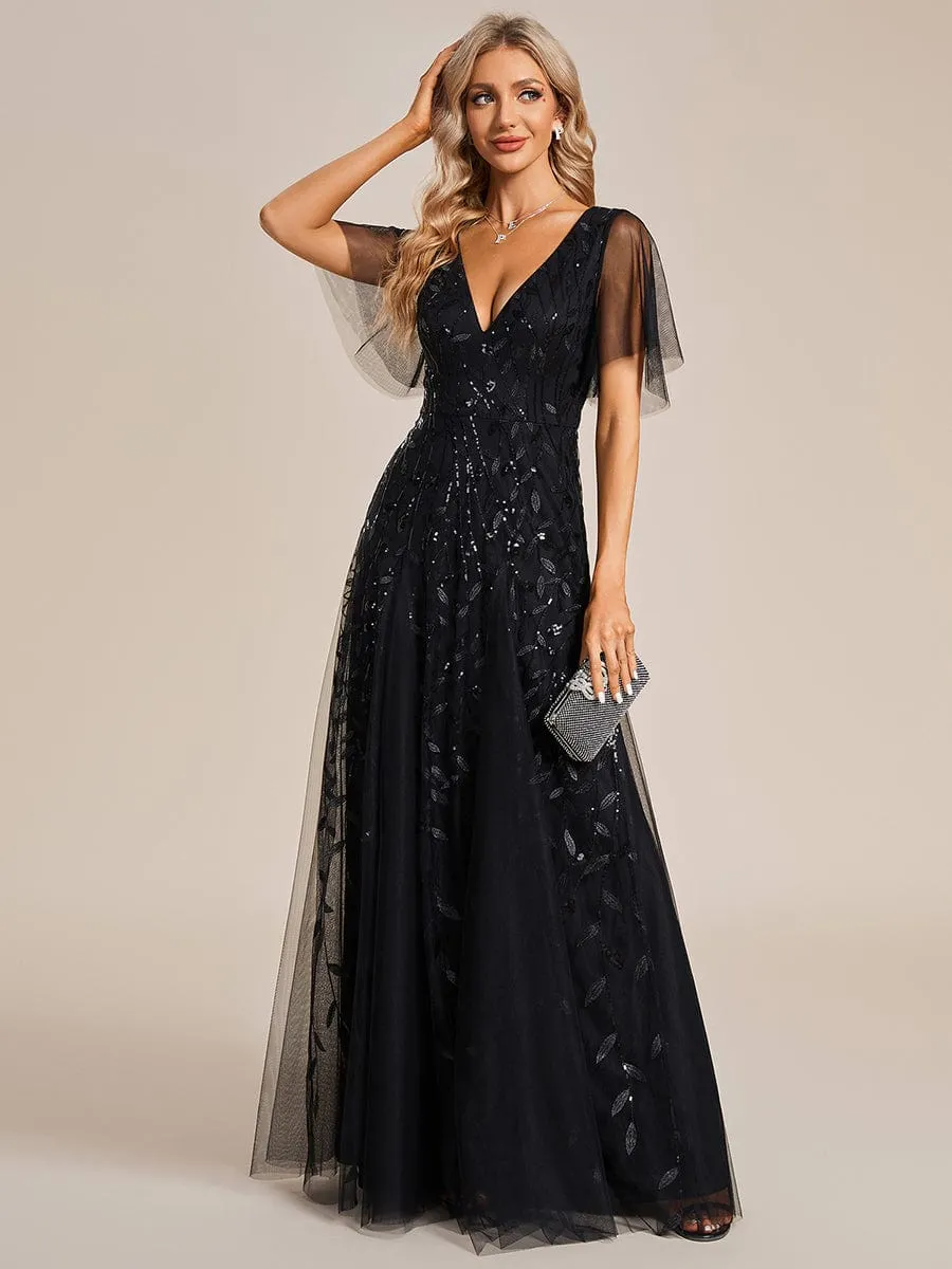 Ruffle Sleeves Leaf Sequin Maxi Bridesmaid Dress