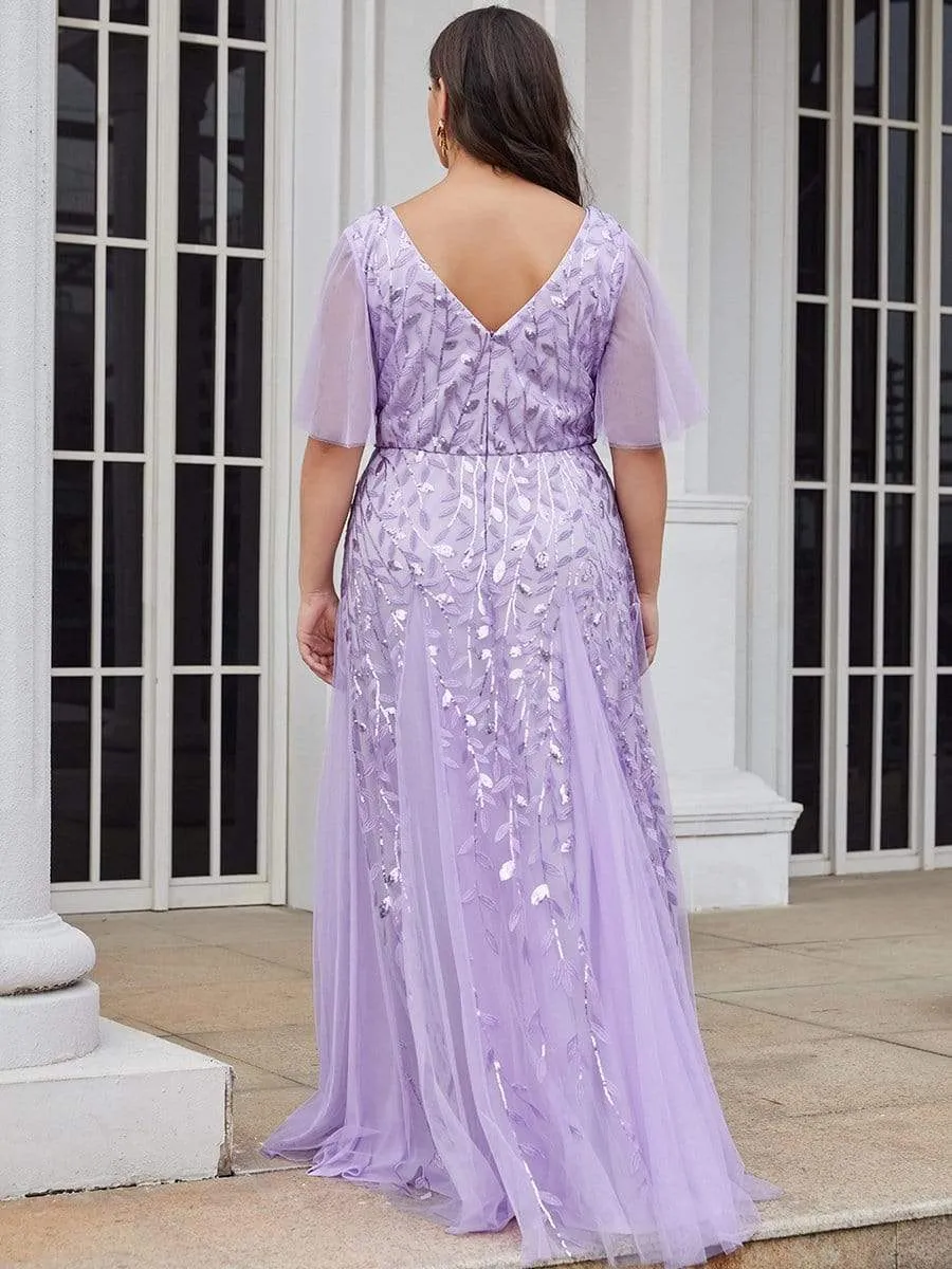 Ruffle Sleeves Leaf Sequin Maxi Bridesmaid Dress