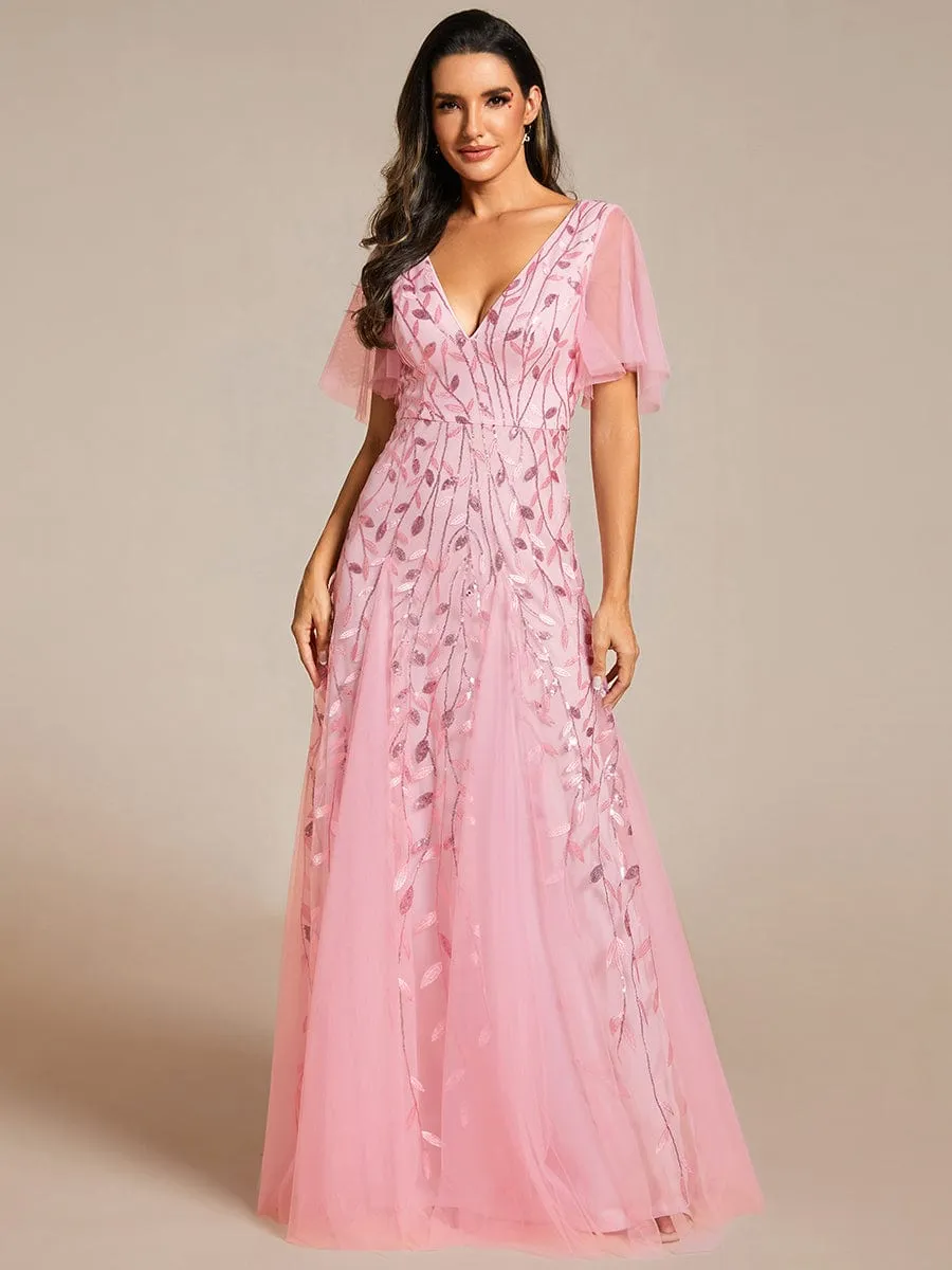 Ruffle Sleeves Leaf Sequin Maxi Bridesmaid Dress