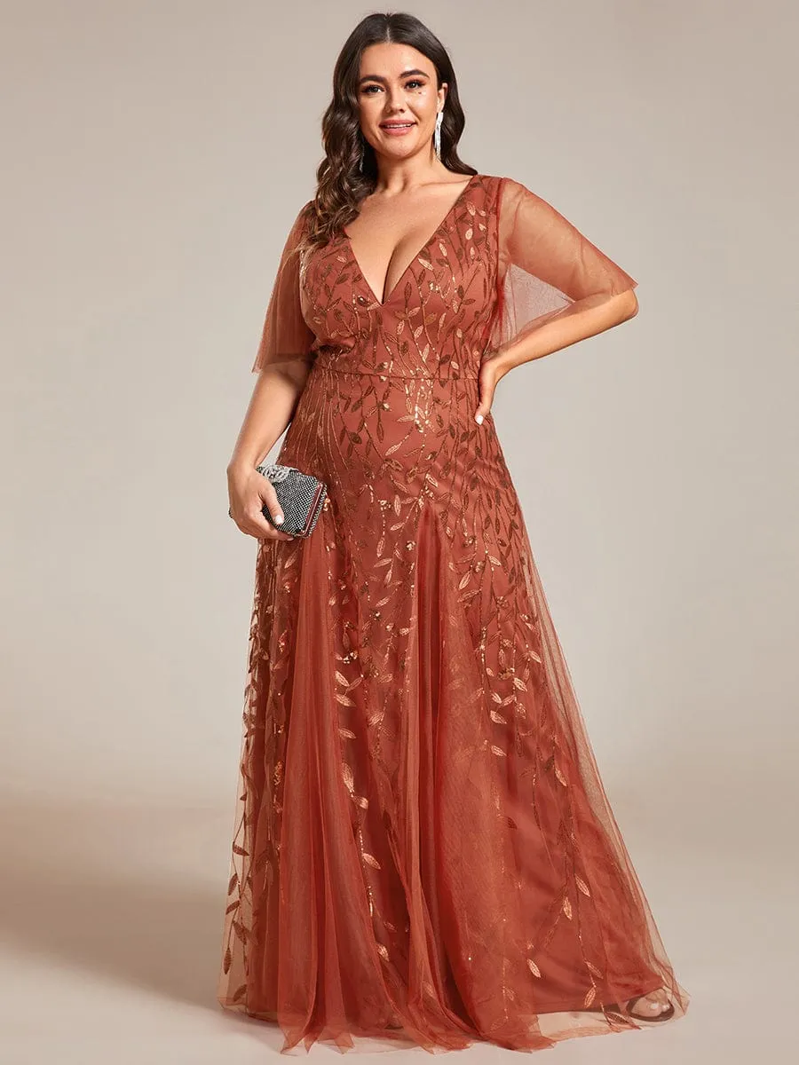 Ruffle Sleeves Leaf Sequin Maxi Bridesmaid Dress