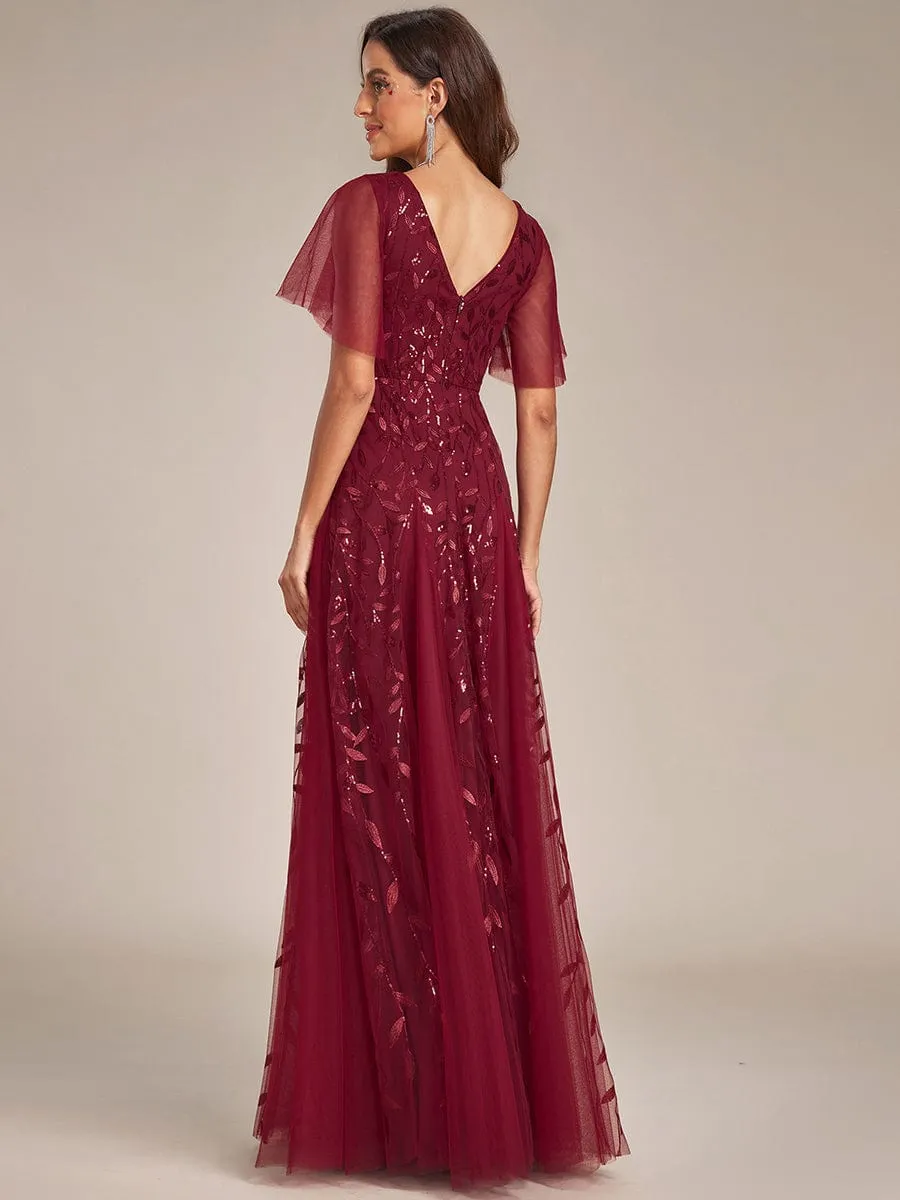 Ruffle Sleeves Leaf Sequin Maxi Bridesmaid Dress