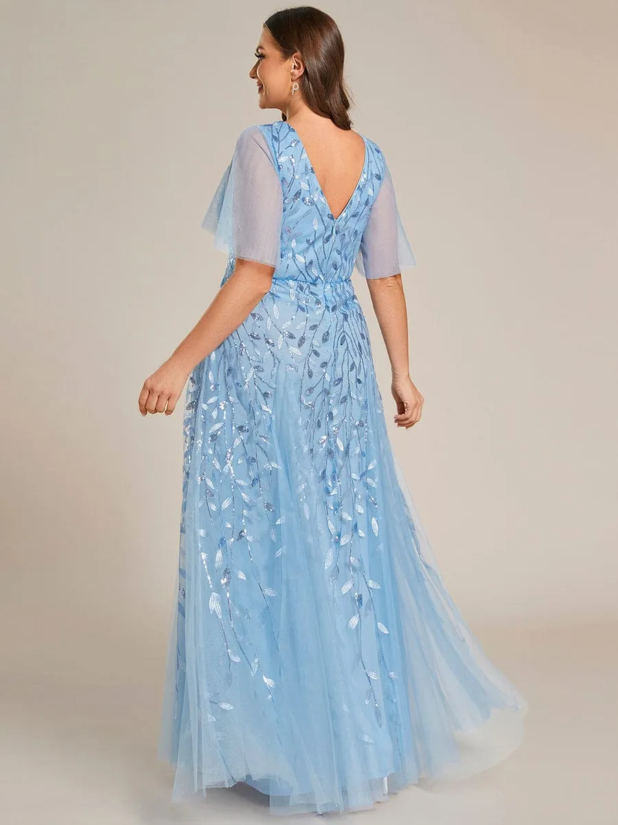 Ruffle Sleeves Leaf Sequin Maxi Bridesmaid Dress