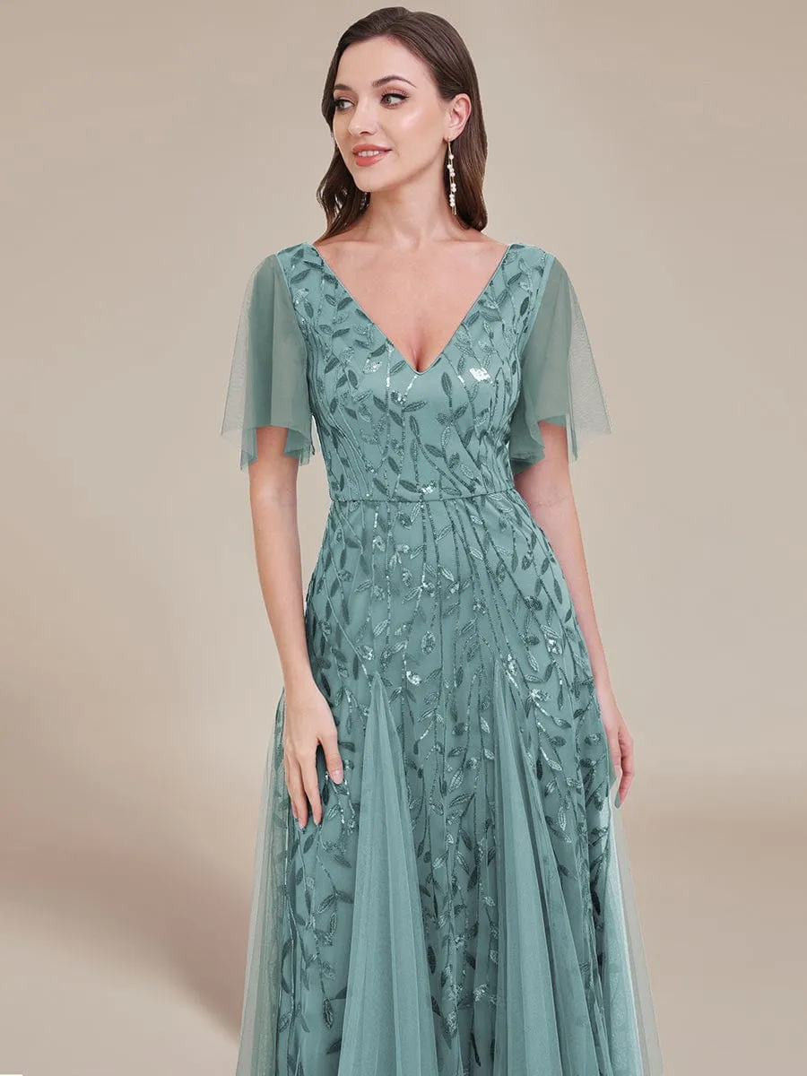 Ruffle Sleeves Leaf Sequin Maxi Bridesmaid Dress