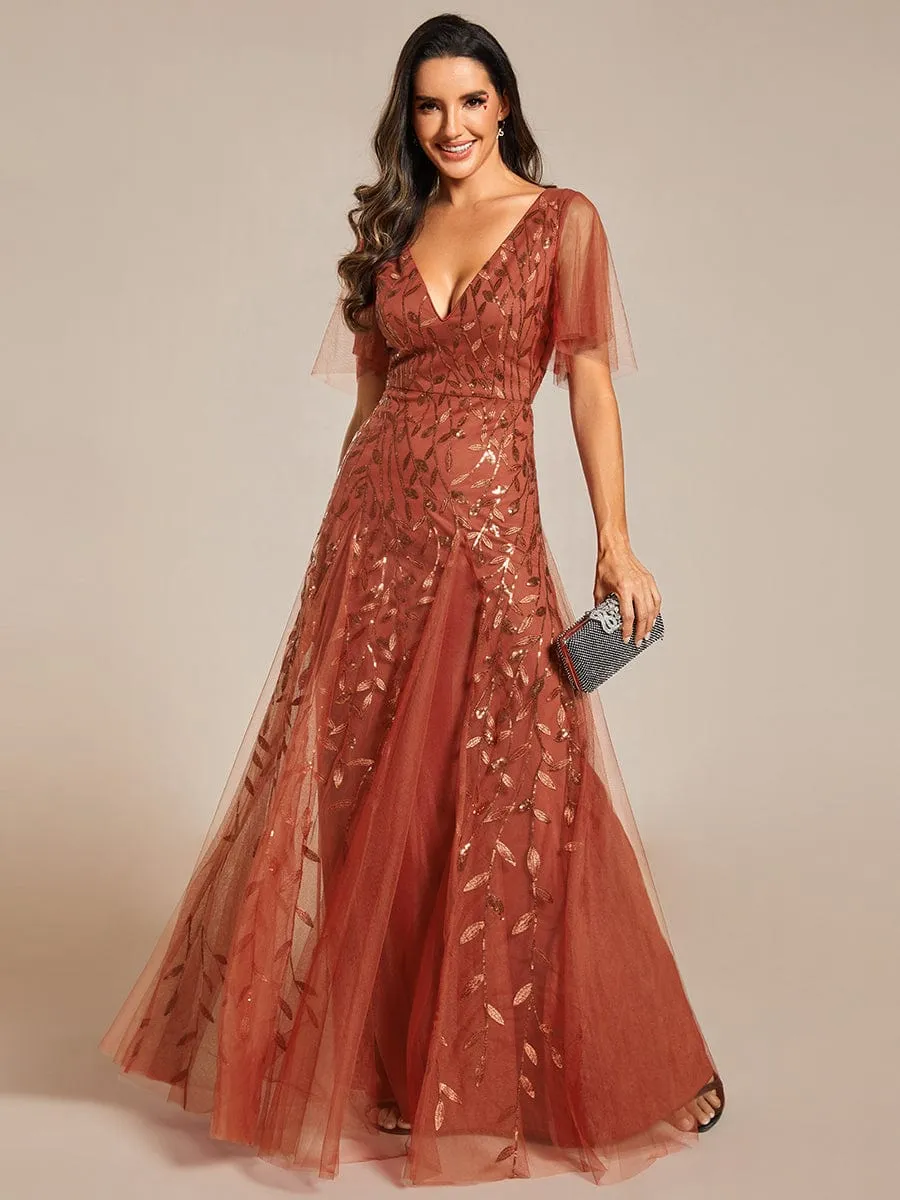 Ruffle Sleeves Leaf Sequin Maxi Bridesmaid Dress