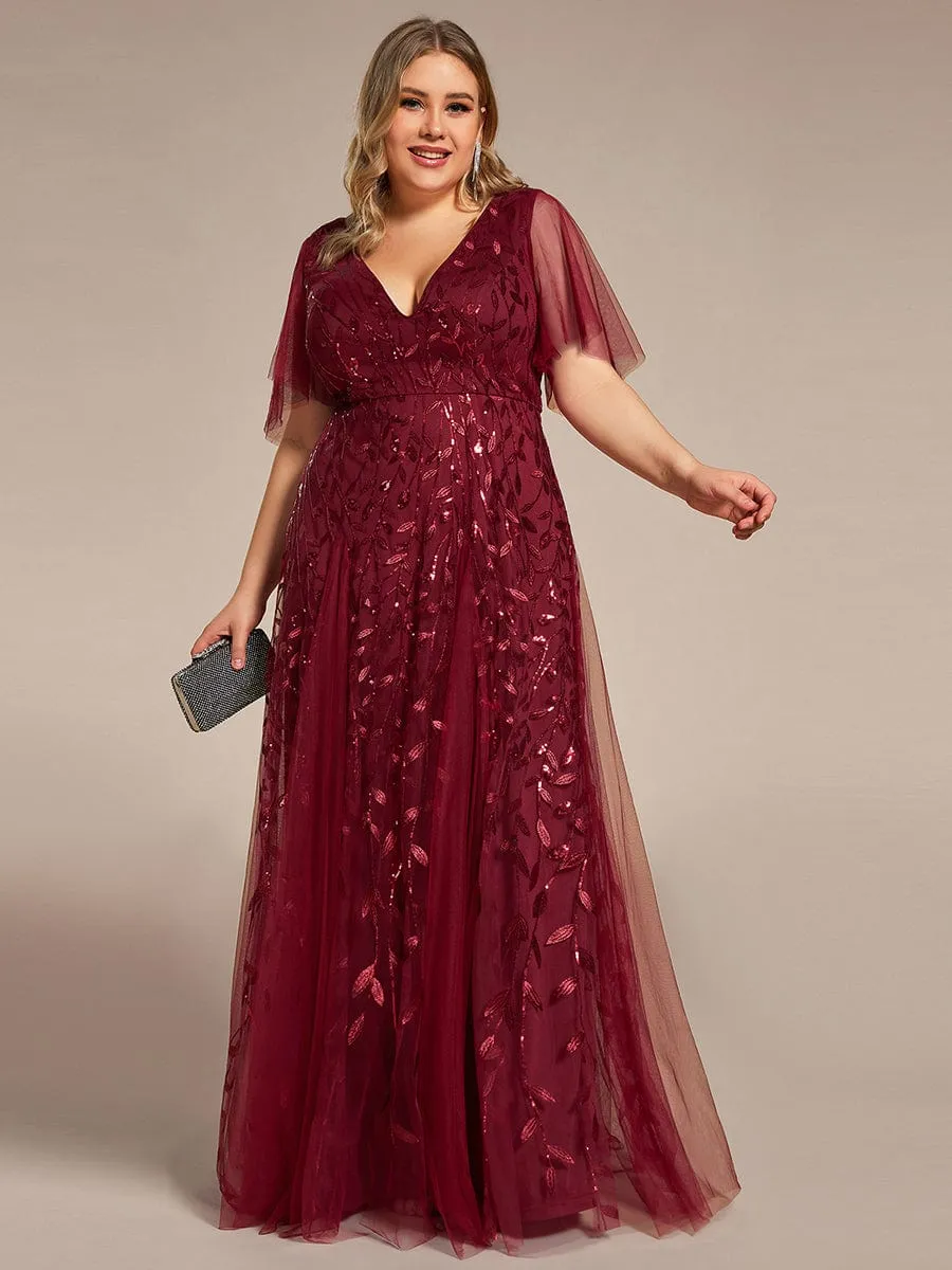 Ruffle Sleeves Leaf Sequin Maxi Bridesmaid Dress