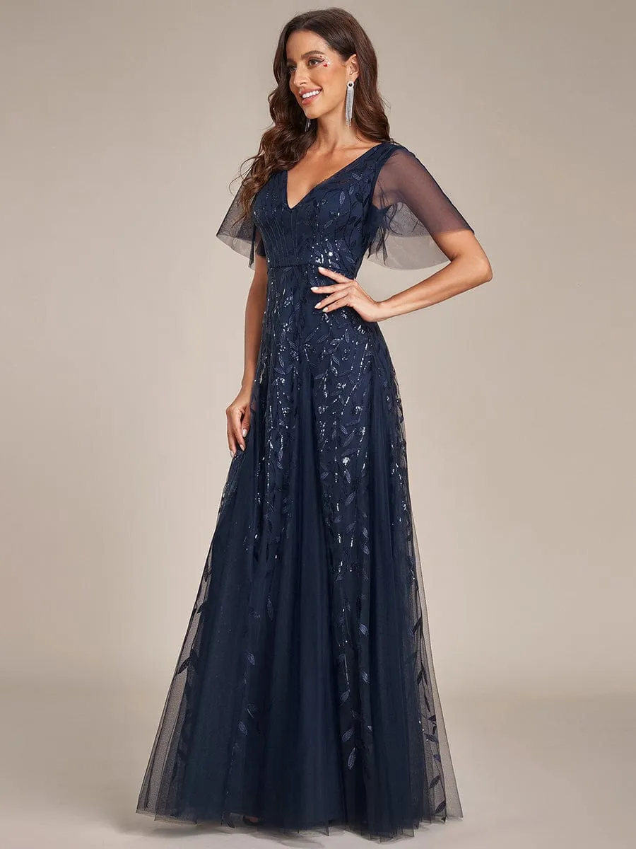 Ruffle Sleeves Leaf Sequin Maxi Bridesmaid Dress