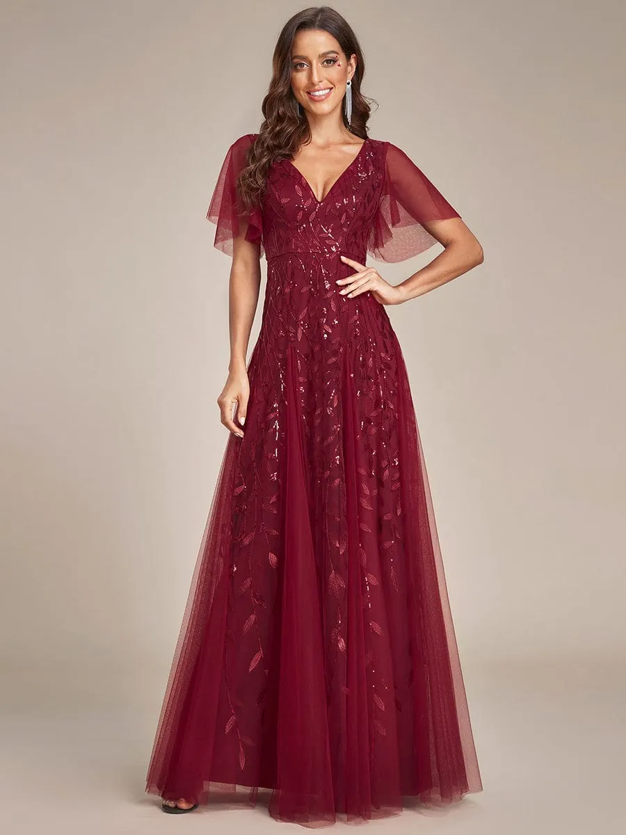 Ruffle Sleeves Leaf Sequin Maxi Bridesmaid Dress