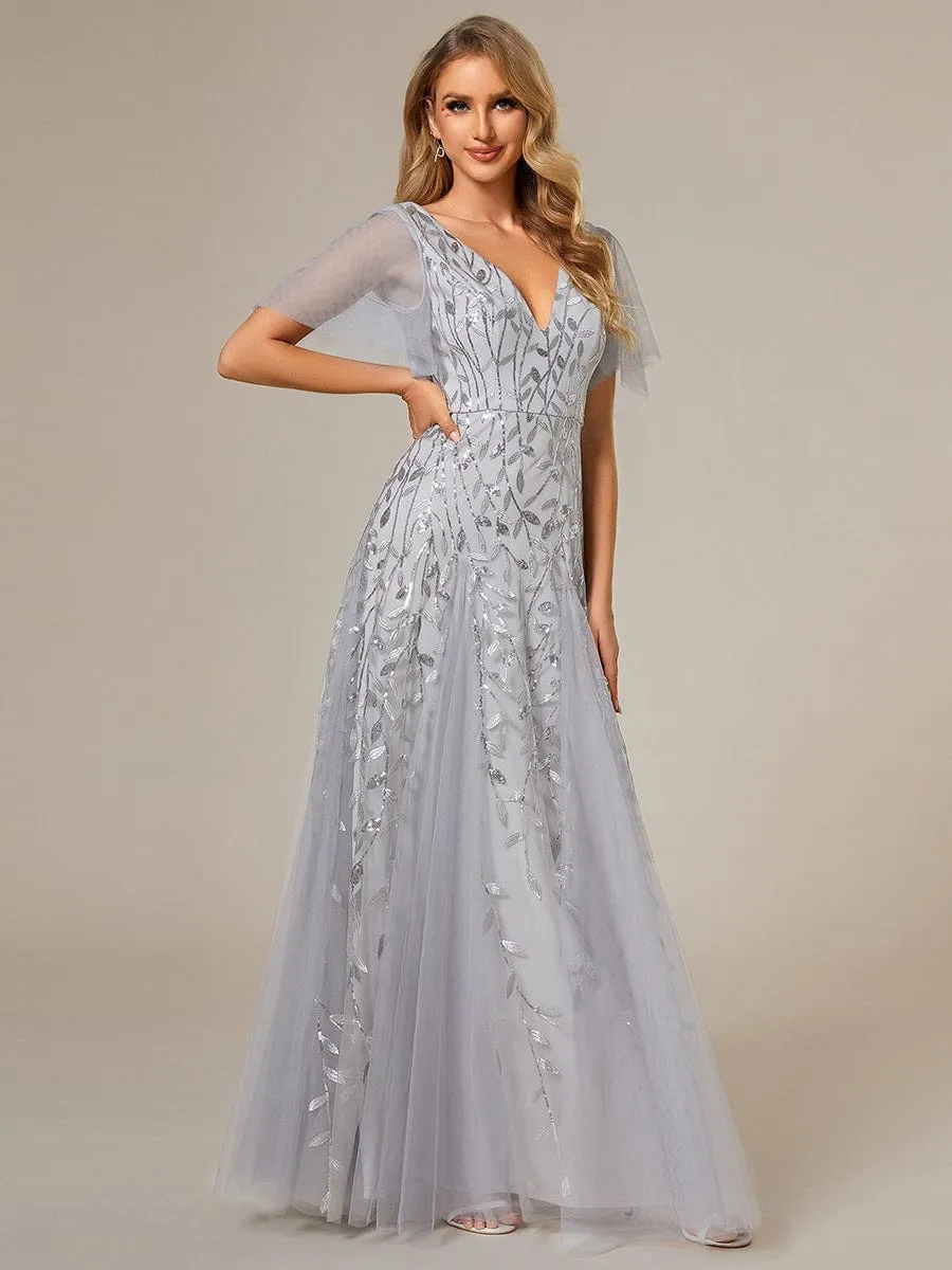 Ruffle Sleeves Leaf Sequin Maxi Bridesmaid Dress