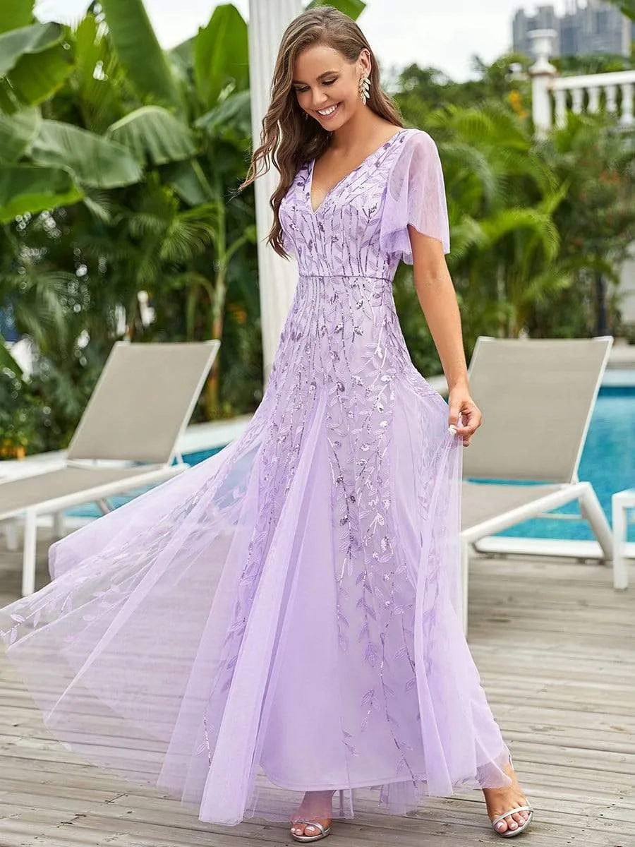 Ruffle Sleeves Leaf Sequin Maxi Bridesmaid Dress