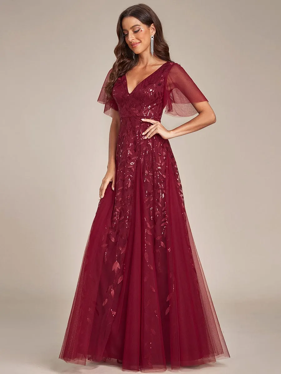 Ruffle Sleeves Leaf Sequin Maxi Bridesmaid Dress