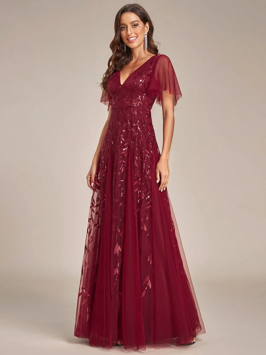 Ruffle Sleeves Leaf Sequin Maxi Bridesmaid Dress