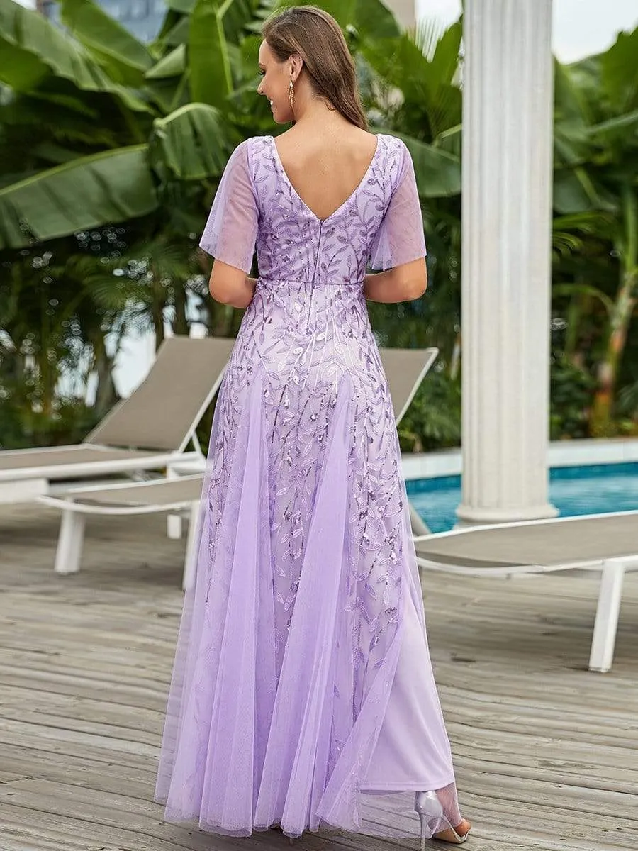 Ruffle Sleeves Leaf Sequin Maxi Bridesmaid Dress