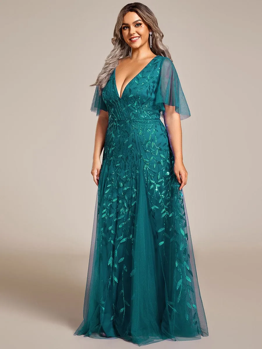 Ruffle Sleeves Leaf Sequin Maxi Bridesmaid Dress