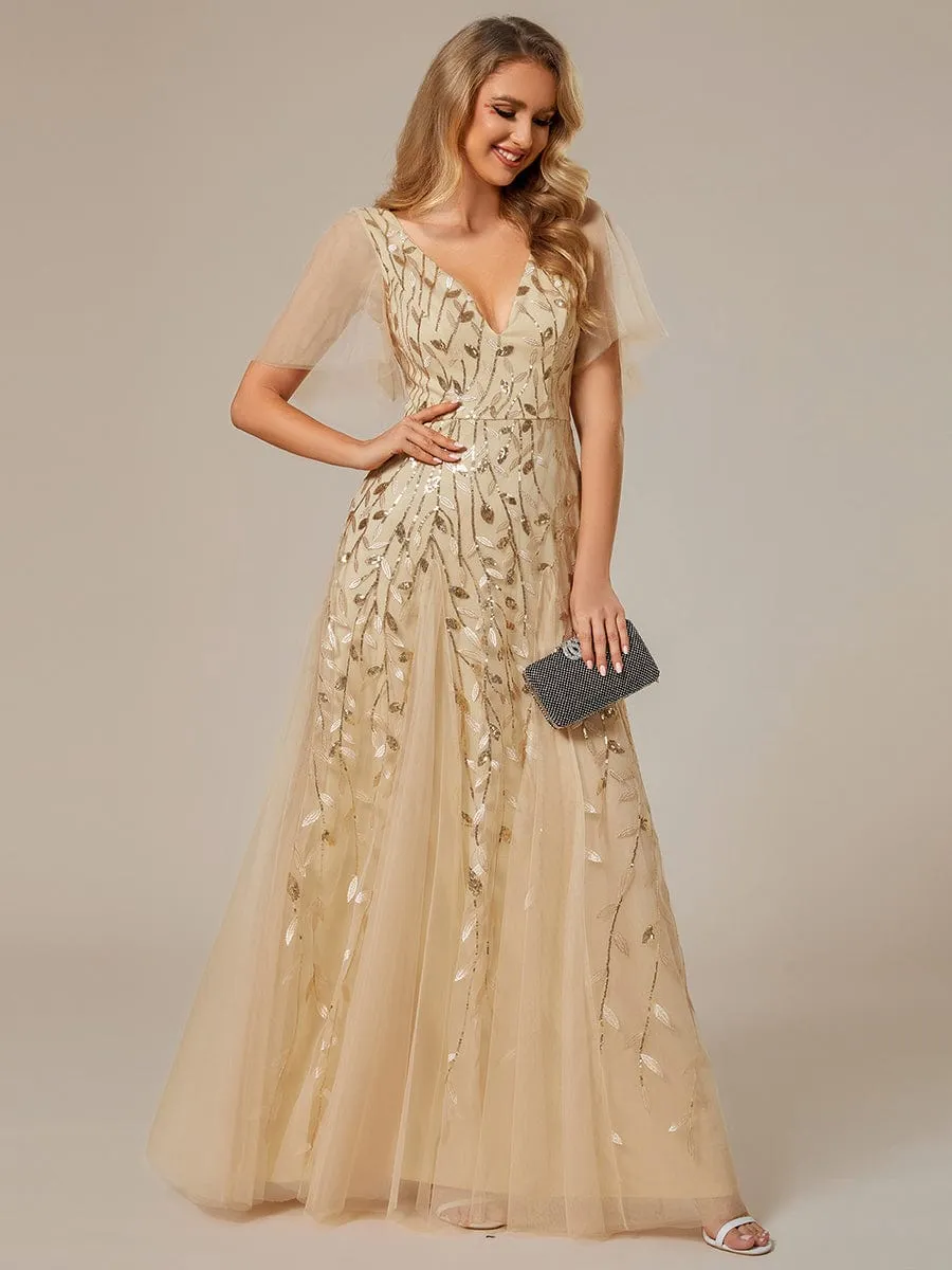 Ruffle Sleeves Leaf Sequin Maxi Bridesmaid Dress