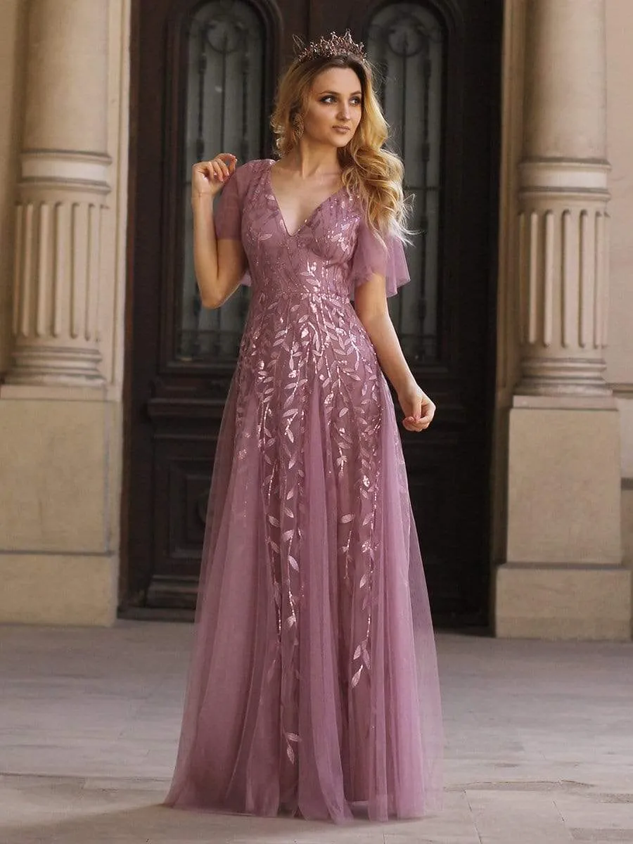 Ruffle Sleeves Leaf Sequin Maxi Bridesmaid Dress