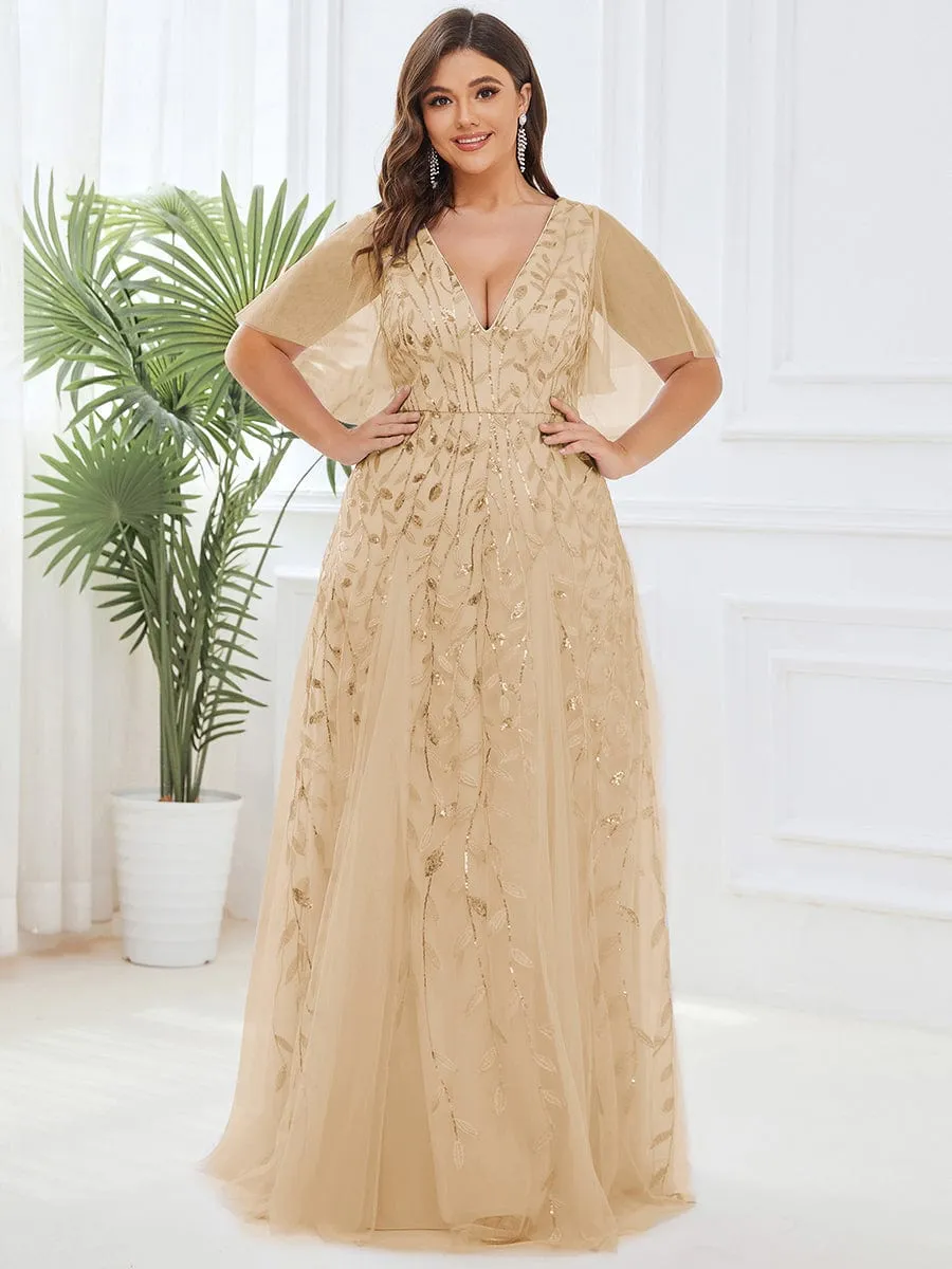 Ruffle Sleeves Leaf Sequin Maxi Bridesmaid Dress