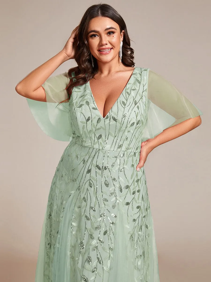 Ruffle Sleeves Leaf Sequin Maxi Bridesmaid Dress