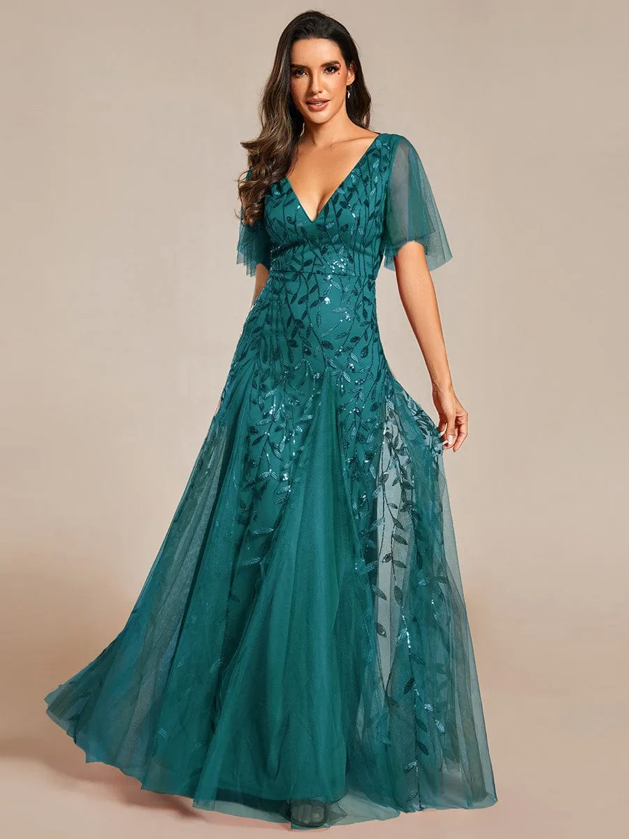 Ruffle Sleeves Leaf Sequin Maxi Bridesmaid Dress