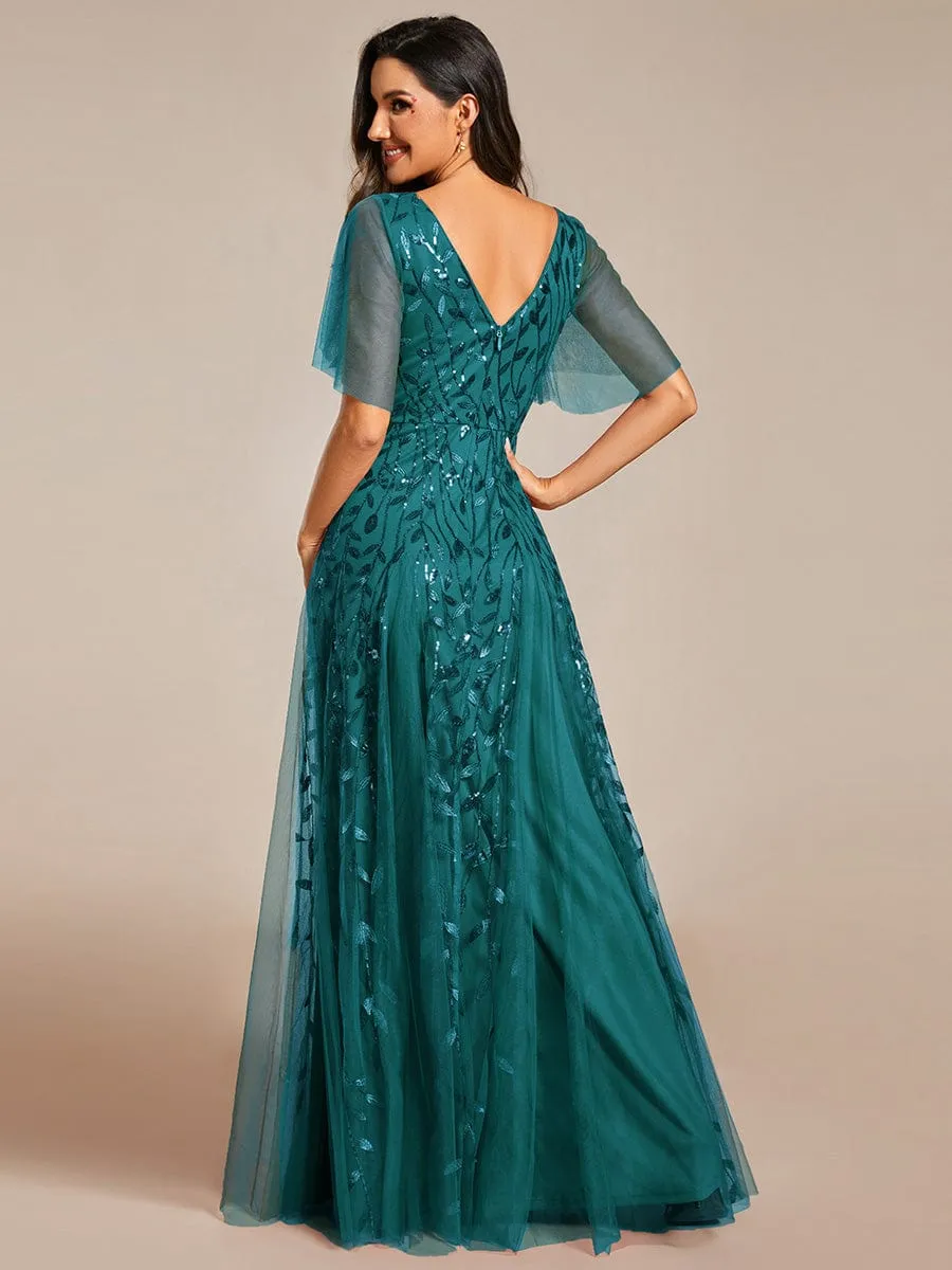 Ruffle Sleeves Leaf Sequin Maxi Bridesmaid Dress