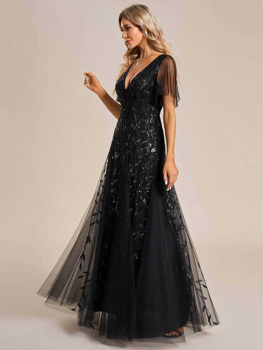 Ruffle Sleeves Leaf Sequin Maxi Bridesmaid Dress