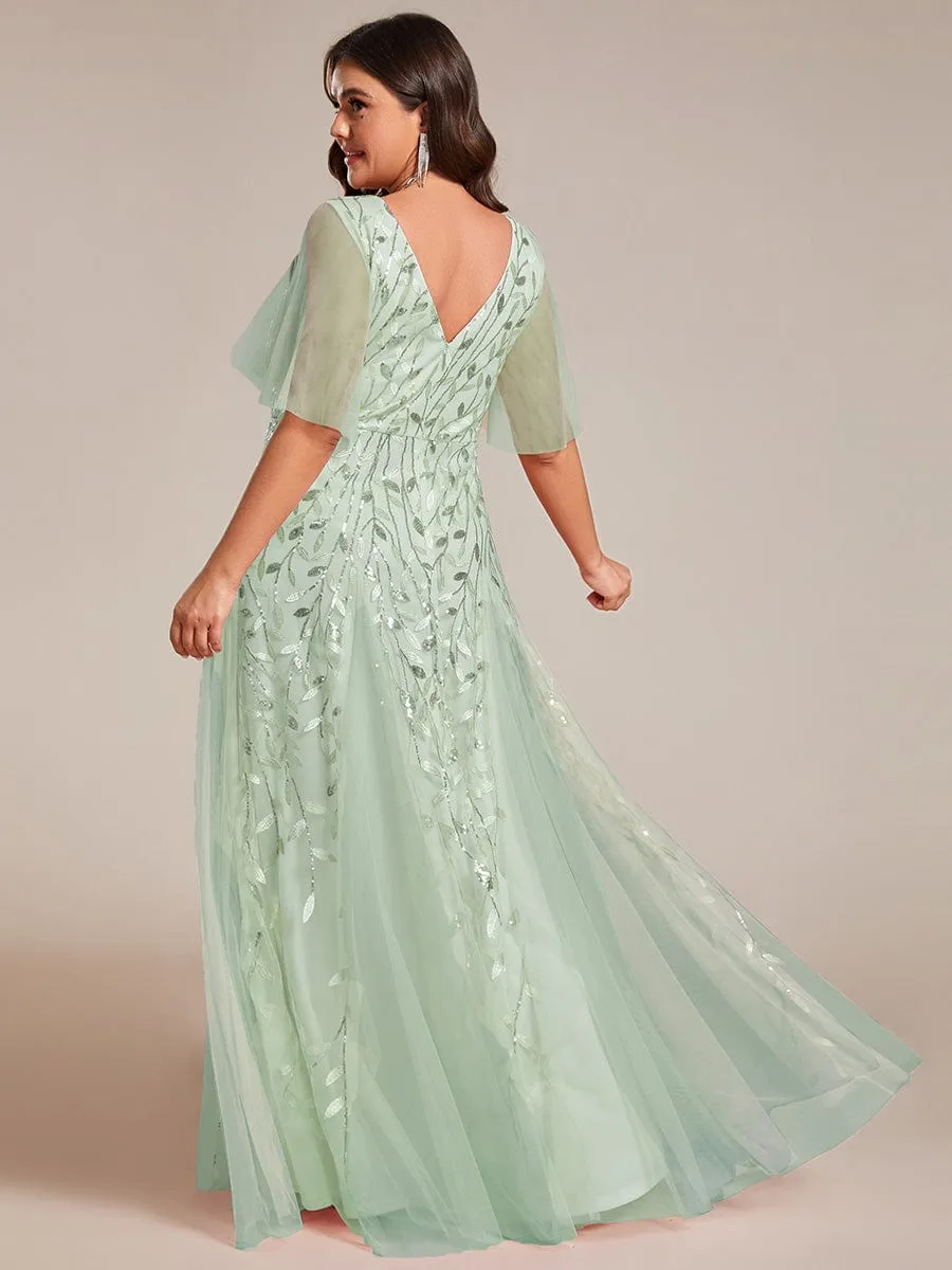 Ruffle Sleeves Leaf Sequin Maxi Bridesmaid Dress