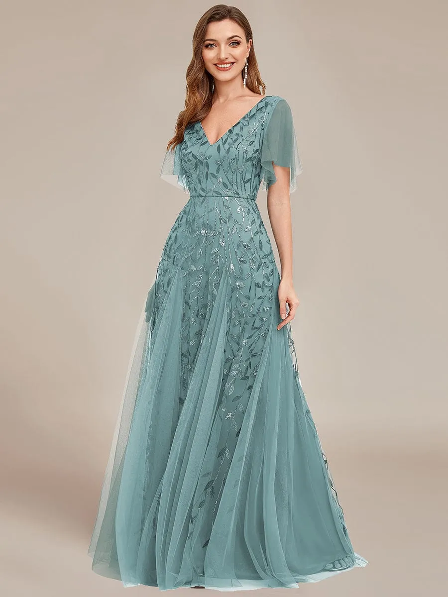 Ruffle Sleeves Leaf Sequin Maxi Bridesmaid Dress