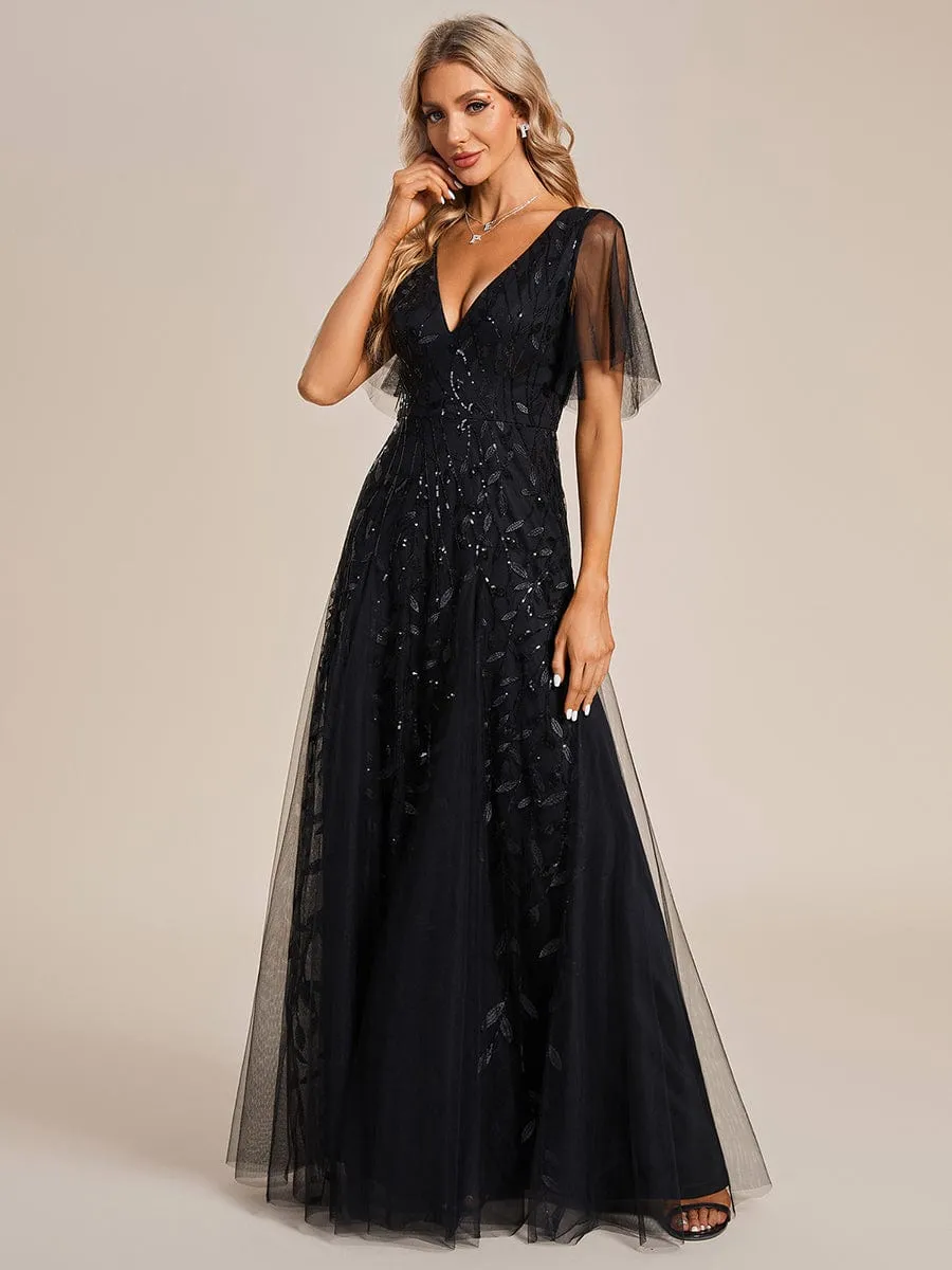 Ruffle Sleeves Leaf Sequin Maxi Bridesmaid Dress