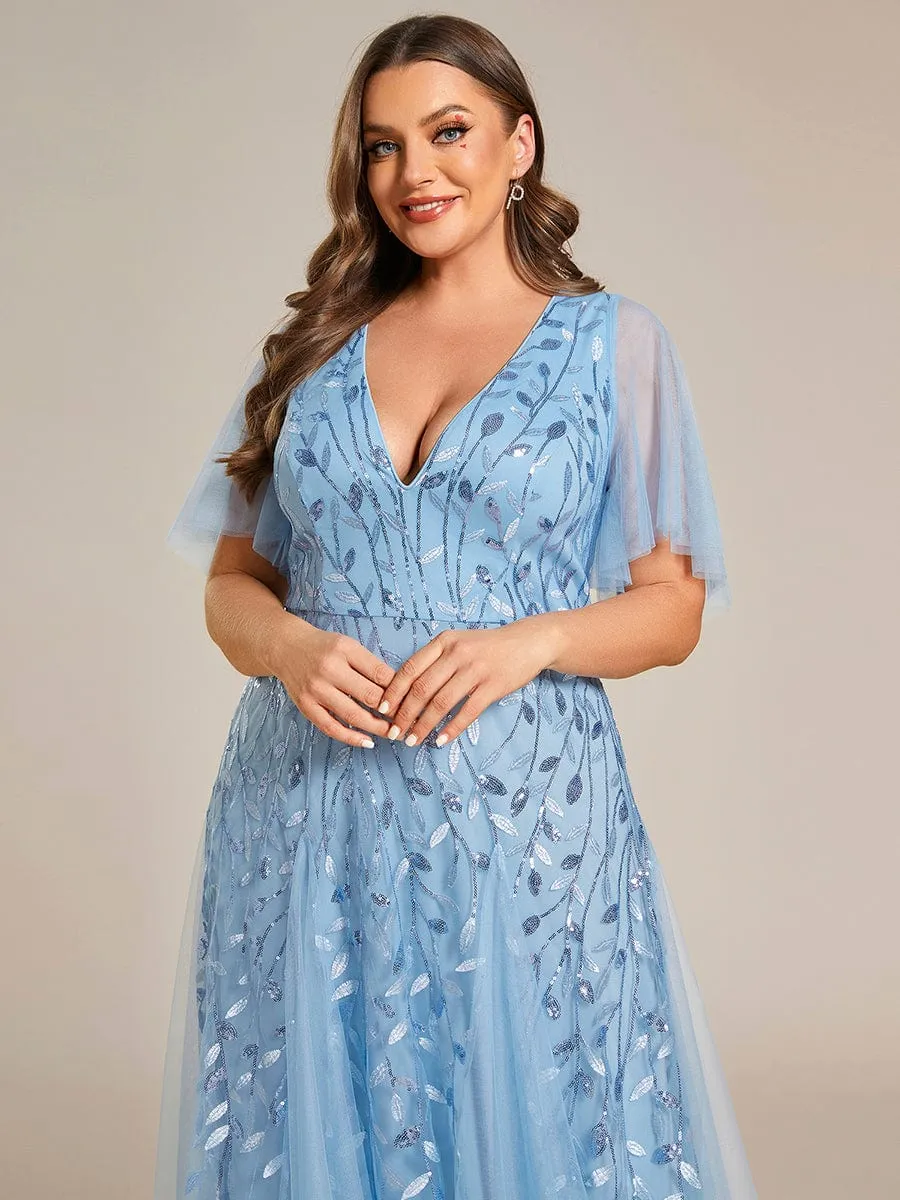 Ruffle Sleeves Leaf Sequin Maxi Bridesmaid Dress