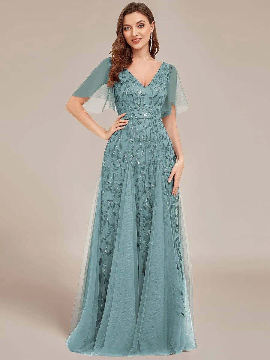 Ruffle Sleeves Leaf Sequin Maxi Bridesmaid Dress