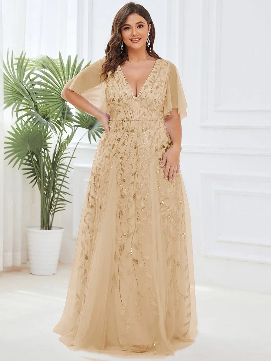 Ruffle Sleeves Leaf Sequin Maxi Bridesmaid Dress