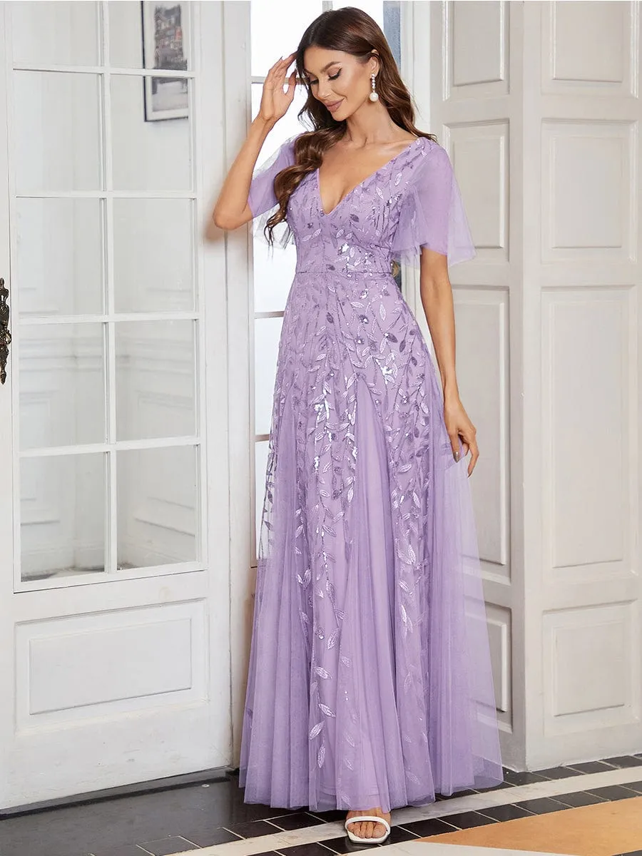 Ruffle Sleeves Leaf Sequin Maxi Bridesmaid Dress