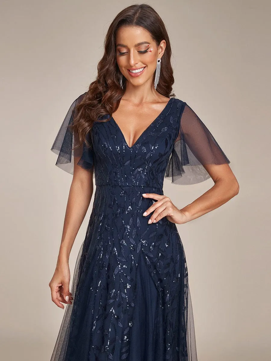 Ruffle Sleeves Leaf Sequin Maxi Bridesmaid Dress