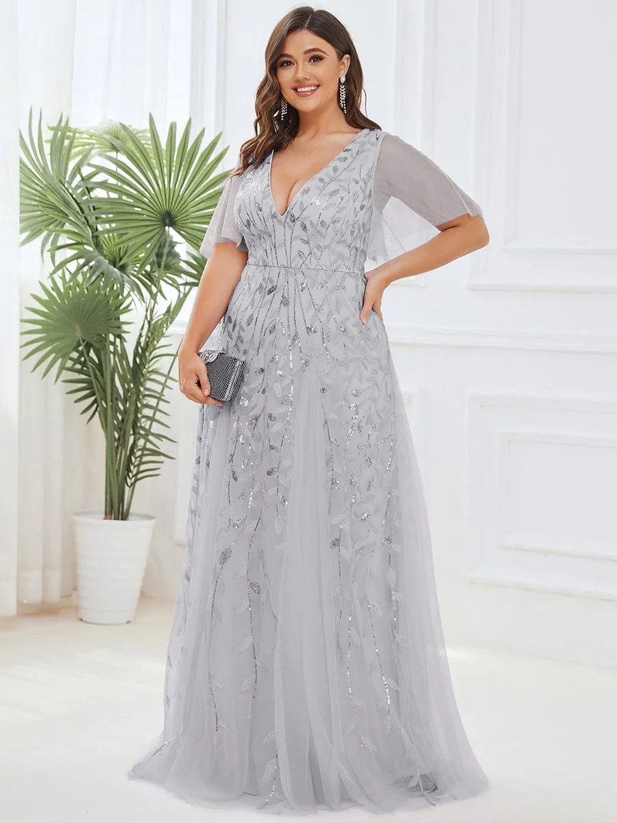 Ruffle Sleeves Leaf Sequin Maxi Bridesmaid Dress