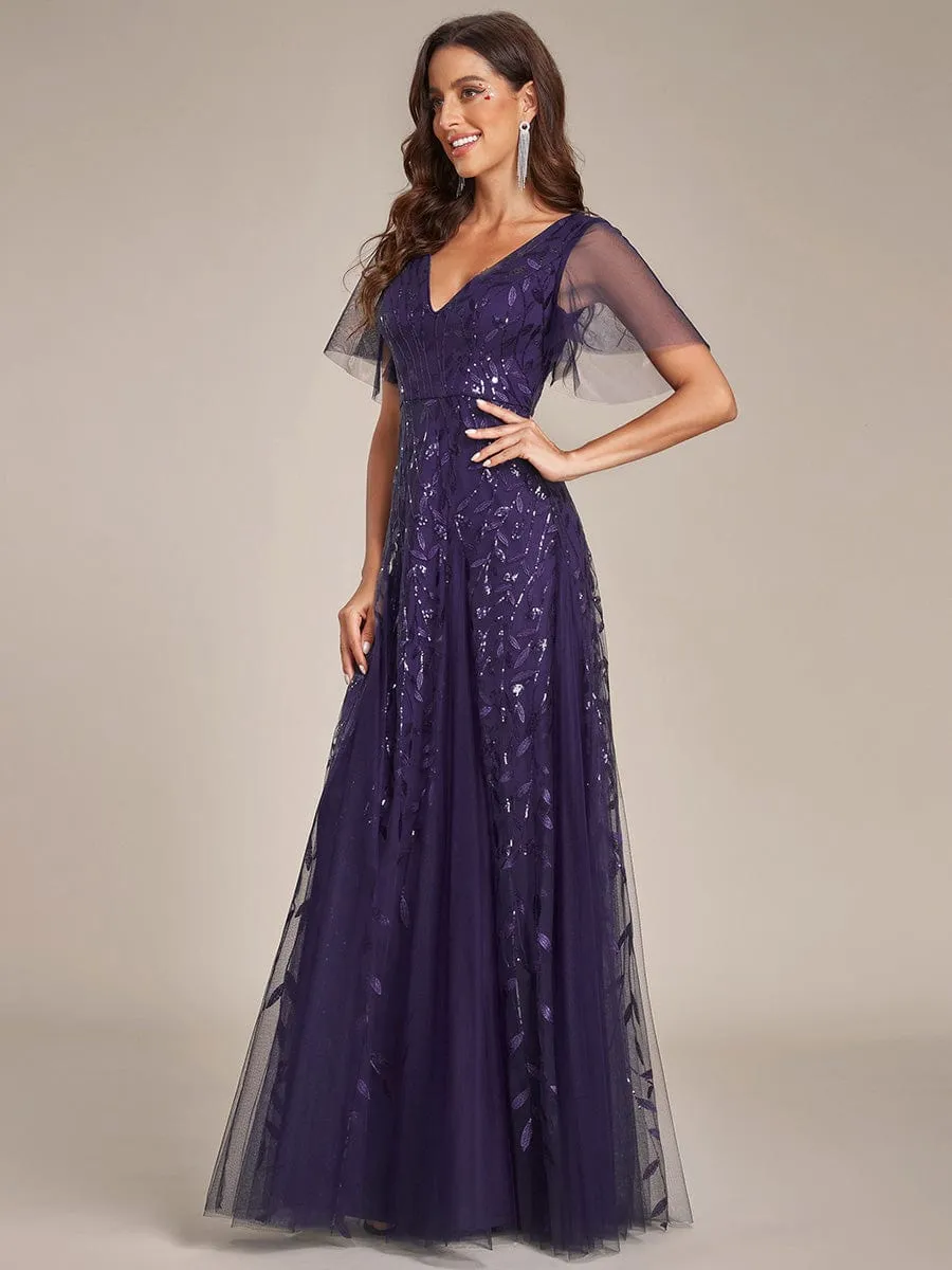 Ruffle Sleeves Leaf Sequin Maxi Bridesmaid Dress