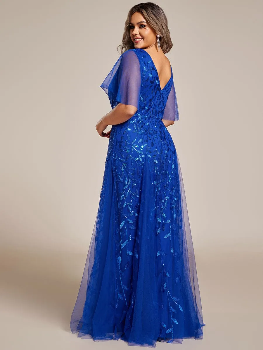 Ruffle Sleeves Leaf Sequin Maxi Bridesmaid Dress