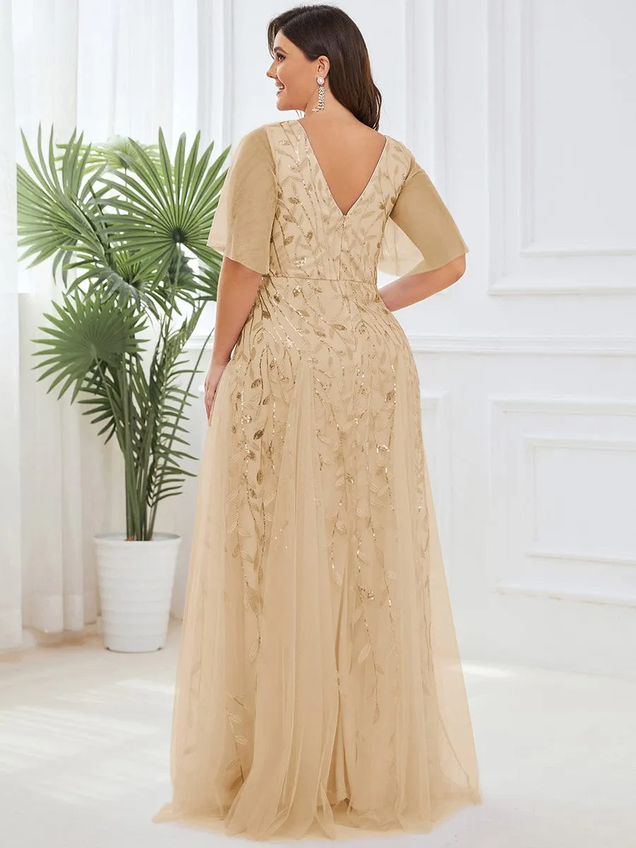 Ruffle Sleeves Leaf Sequin Maxi Bridesmaid Dress