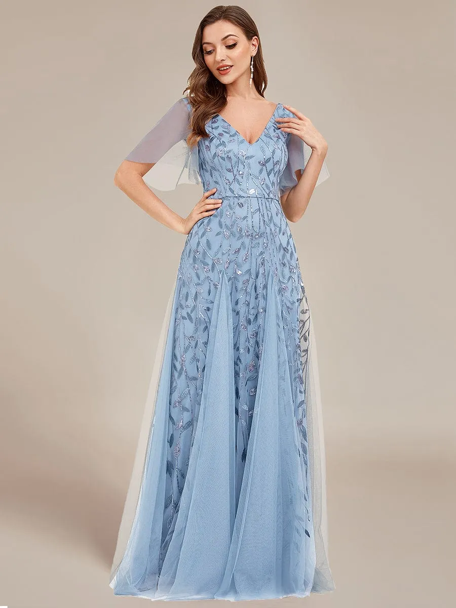 Ruffle Sleeves Leaf Sequin Maxi Bridesmaid Dress