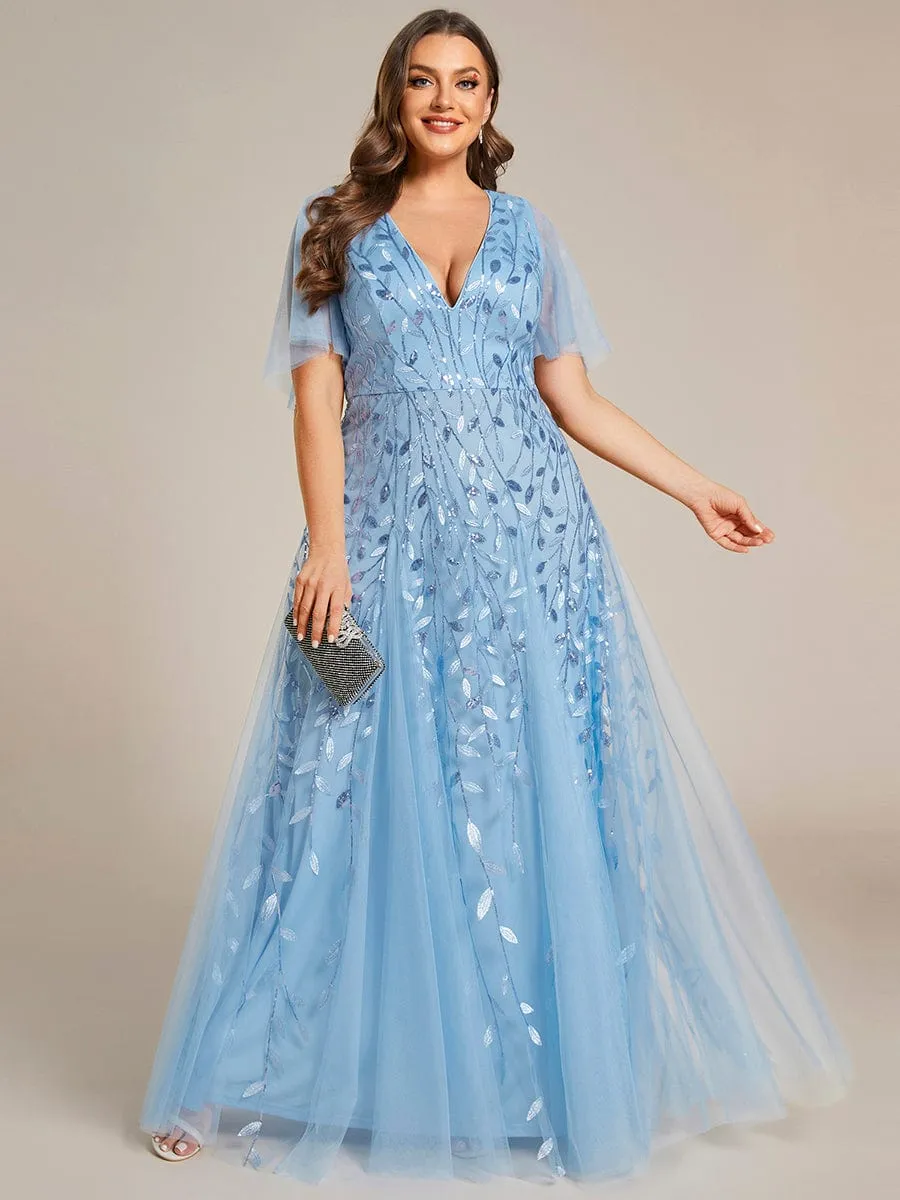 Ruffle Sleeves Leaf Sequin Maxi Bridesmaid Dress