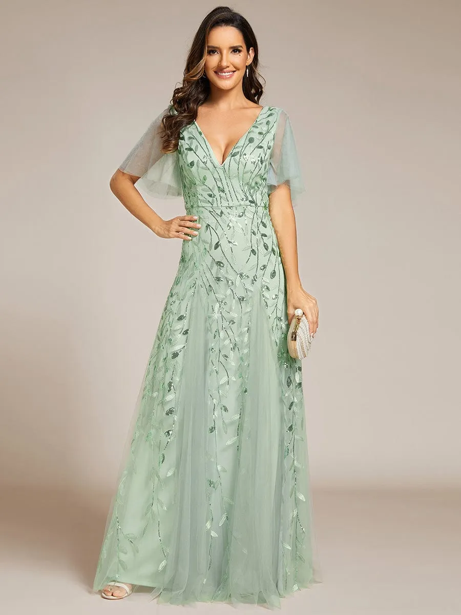 Ruffle Sleeves Leaf Sequin Maxi Bridesmaid Dress