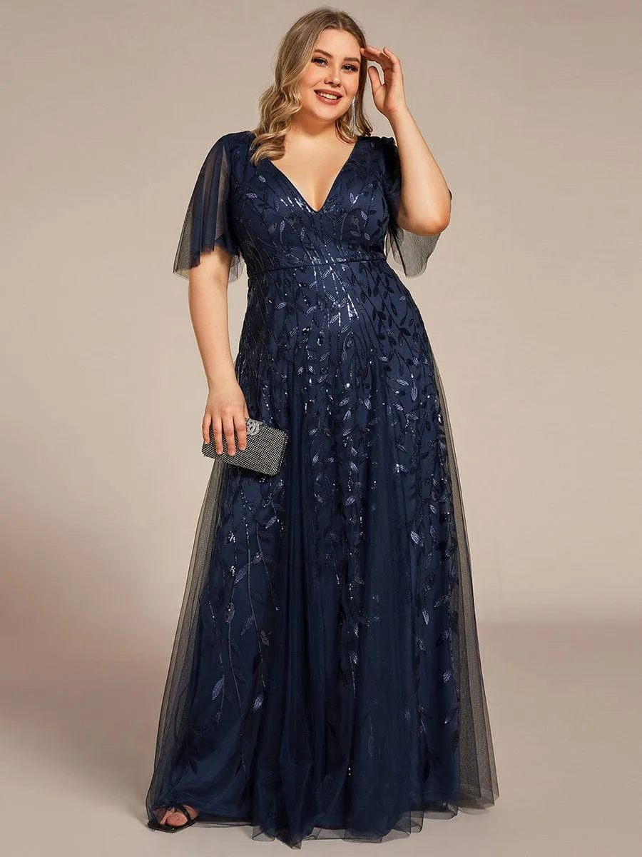 Ruffle Sleeves Leaf Sequin Maxi Bridesmaid Dress