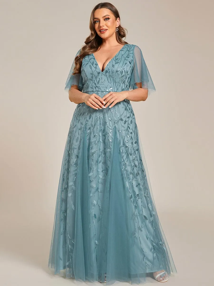 Ruffle Sleeves Leaf Sequin Maxi Bridesmaid Dress