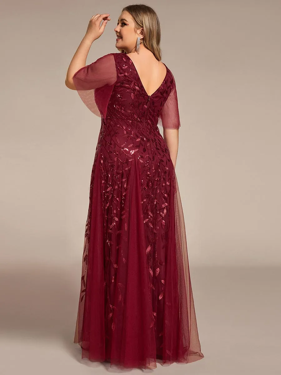 Ruffle Sleeves Leaf Sequin Maxi Bridesmaid Dress