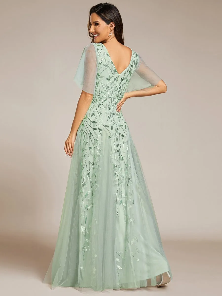 Ruffle Sleeves Leaf Sequin Maxi Bridesmaid Dress