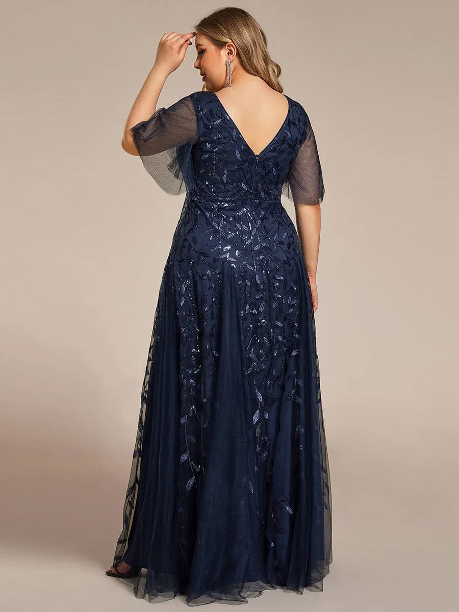 Ruffle Sleeves Leaf Sequin Maxi Bridesmaid Dress