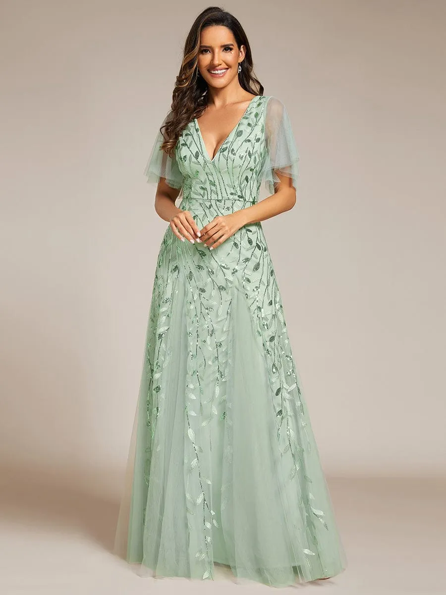 Ruffle Sleeves Leaf Sequin Maxi Bridesmaid Dress