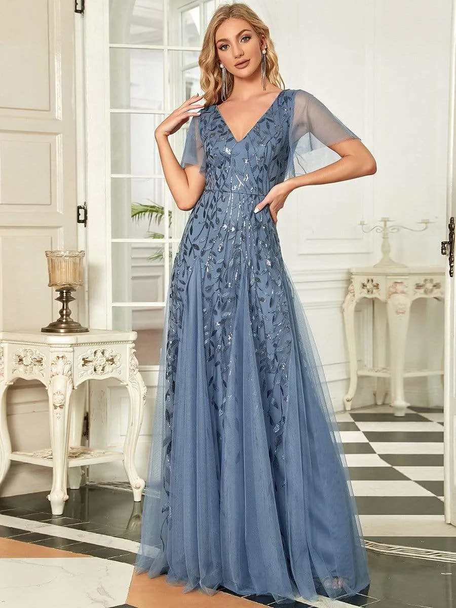 Ruffle Sleeves Leaf Sequin Maxi Bridesmaid Dress