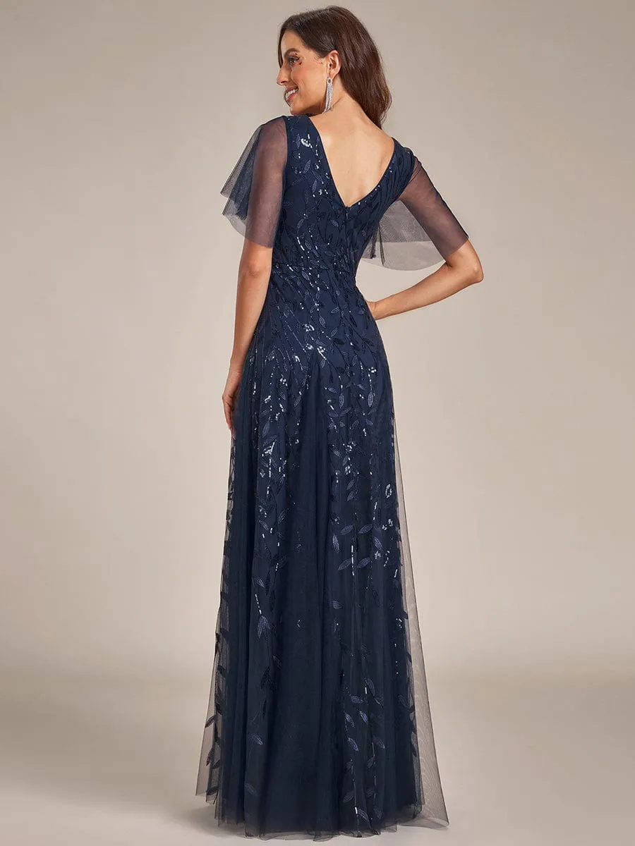 Ruffle Sleeves Leaf Sequin Maxi Bridesmaid Dress