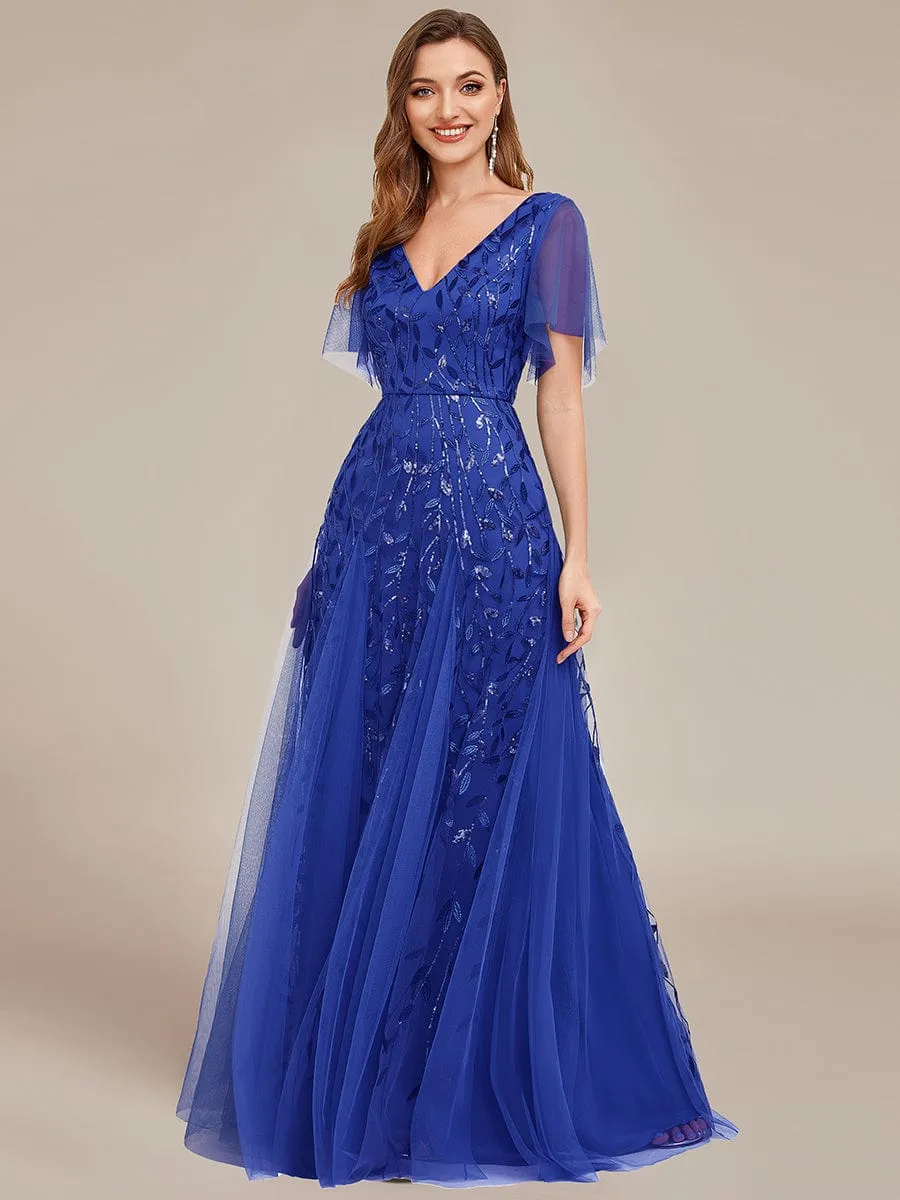 Ruffle Sleeves Leaf Sequin Maxi Bridesmaid Dress