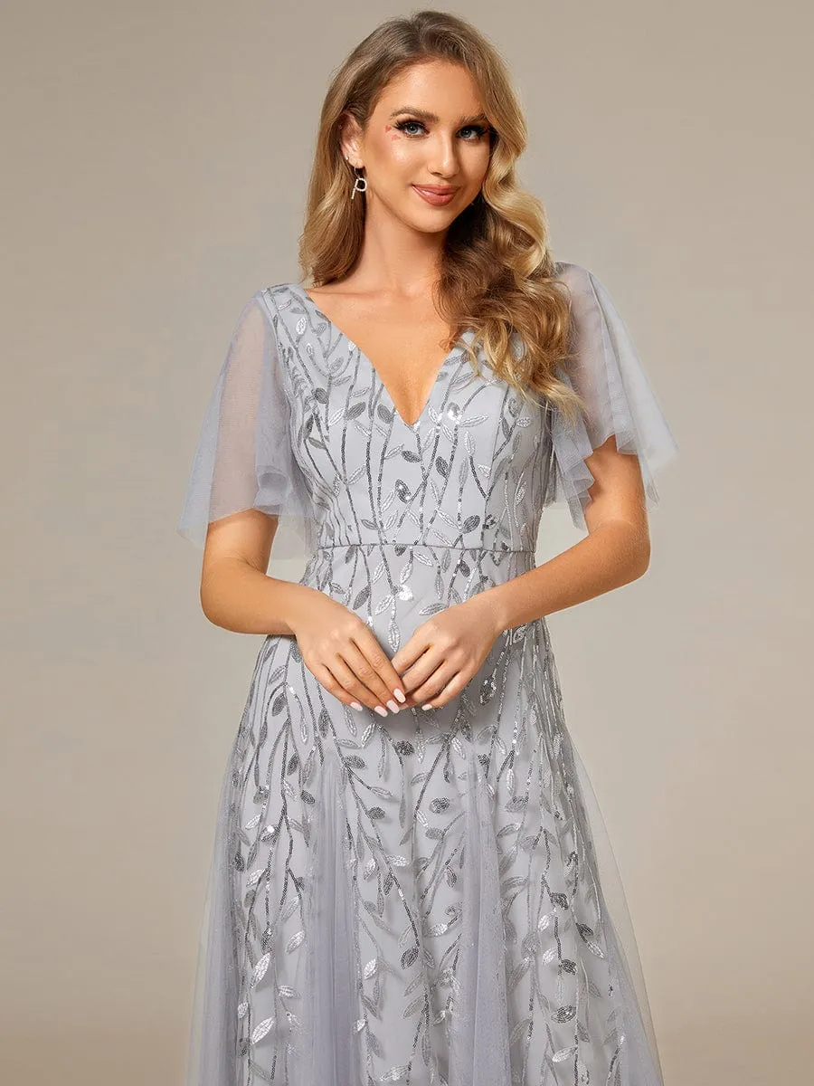 Ruffle Sleeves Leaf Sequin Maxi Bridesmaid Dress